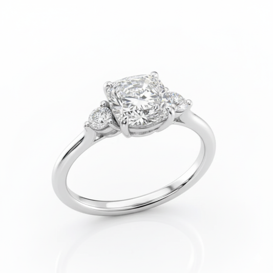 Cushion Cut Moissanite Engagement Ring, Three Stone Style