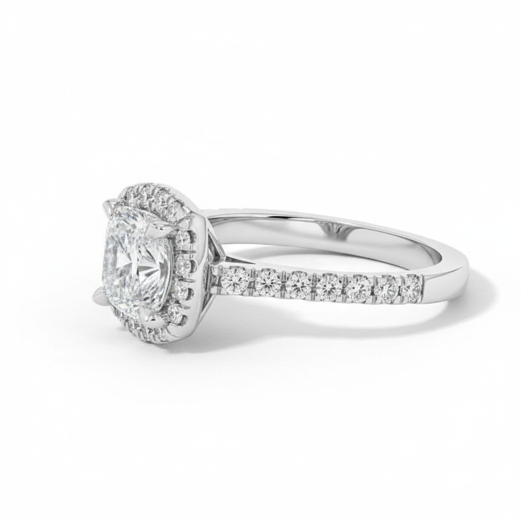 Cushion Cut Moissanite Engagement Ring, Tiffany Halo Design