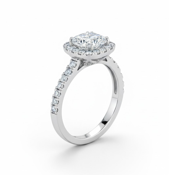 Cushion Cut Moissanite Engagement Ring, Tiffany Halo Style