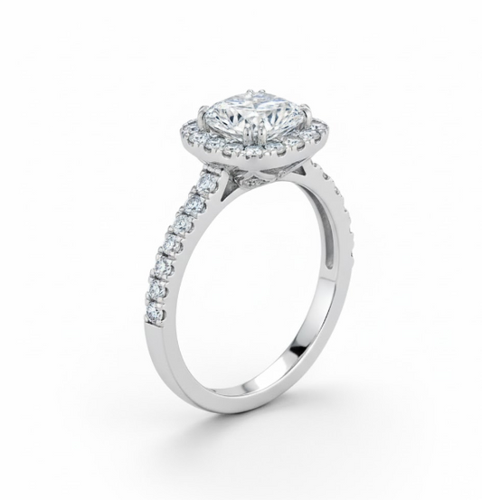 Cushion Cut Moissanite Engagement Ring, Tiffany Halo Style