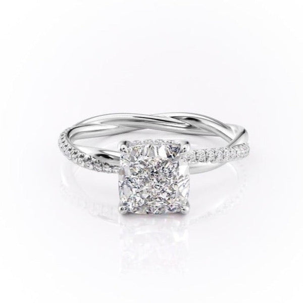 Cushion Cut Moissanite Engagement Ring, Twisted Shoulder Set Ring With Hidden Halo