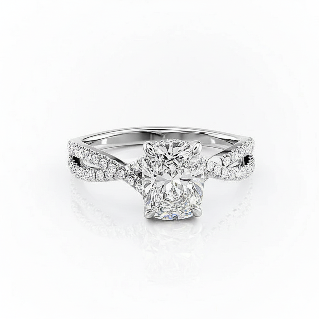 Cushion Cut Moissanite Engagement Ring, Twisted Stone Set Band