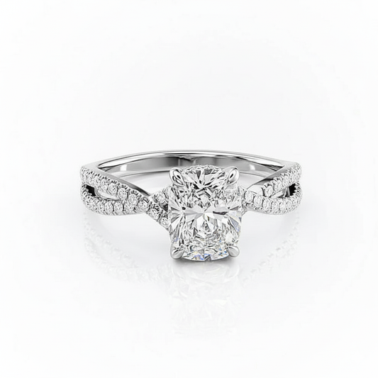 Cushion Cut Moissanite Engagement Ring, Twisted Stone Set Band