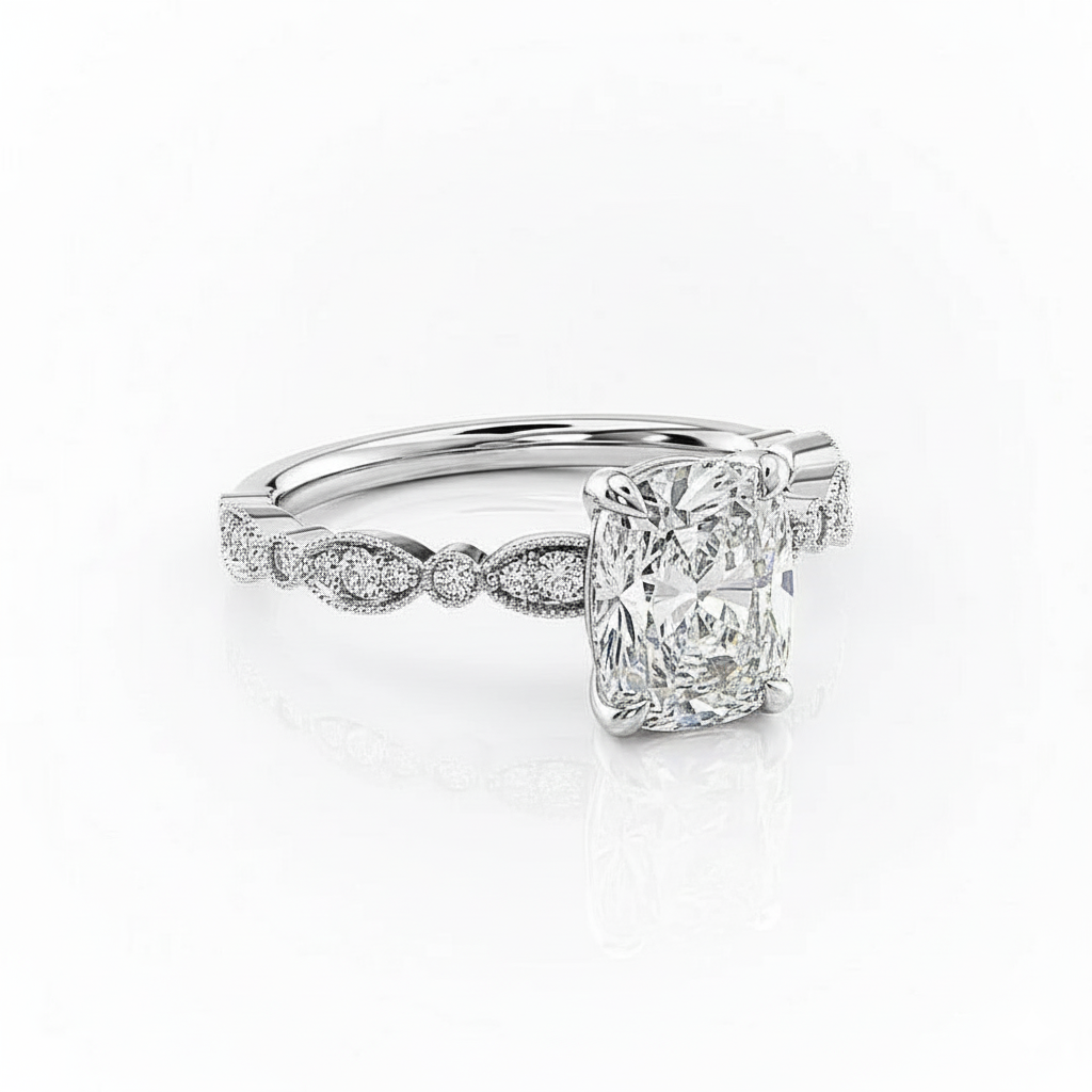 Cushion Cut Moissanite Engagement Ring, Vintage Design