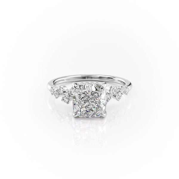 Cushion Cut Moissanite Engagement Ring, With Hidden Halo And Side Stones