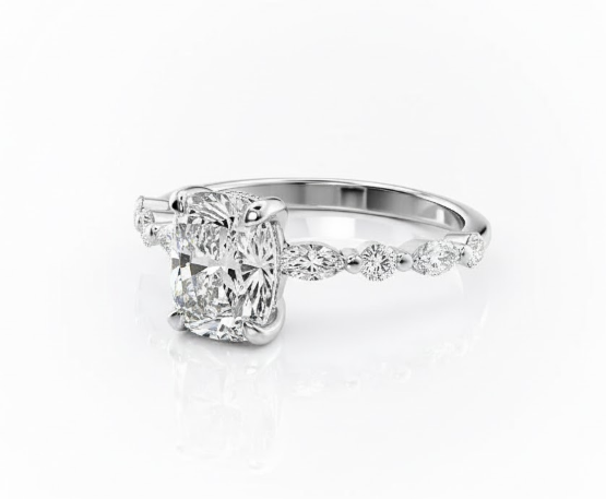 Cushion Cut Moissanite Engagement Ring featuring Hidden Halo Detailing