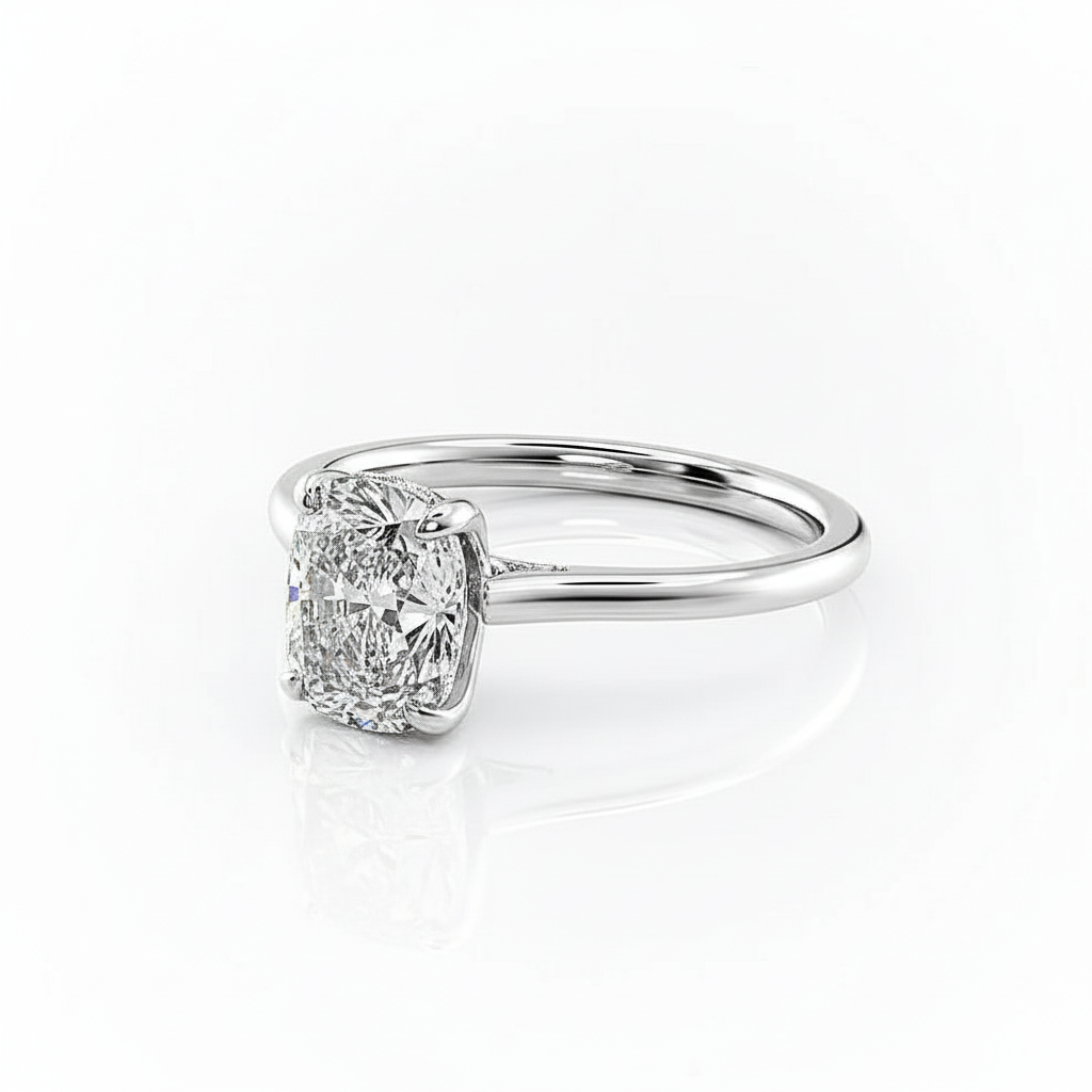 Cushion Cut Moissanite Engagement Ring in Elongated Hidden Halo Style