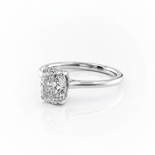 Cushion Cut Moissanite Engagement Ring in Elongated Hidden Halo Style