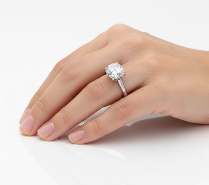 Cushion Cut Moissanite Engagement Ring in Elongated Hidden Halo Style