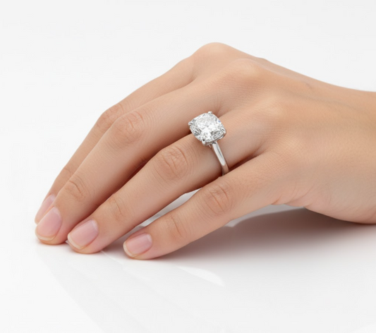 Cushion Cut Moissanite Engagement Ring in Elongated Hidden Halo Style