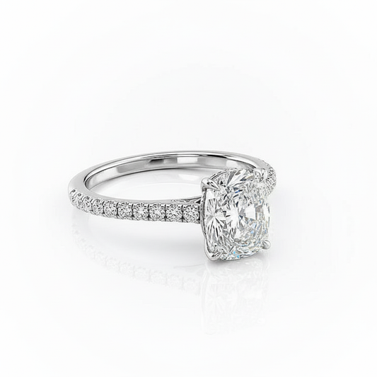 Cushion Cut Moissanite Engagement Ring in Shoulder Set and Hidden Halo