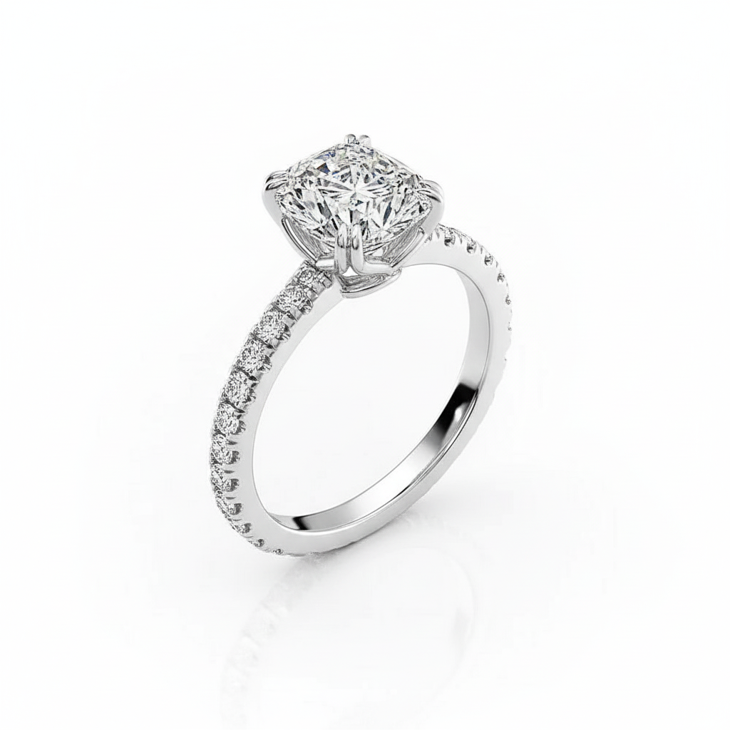 Cushion Cut Moissanite Engagement Ring with Block Halo Design