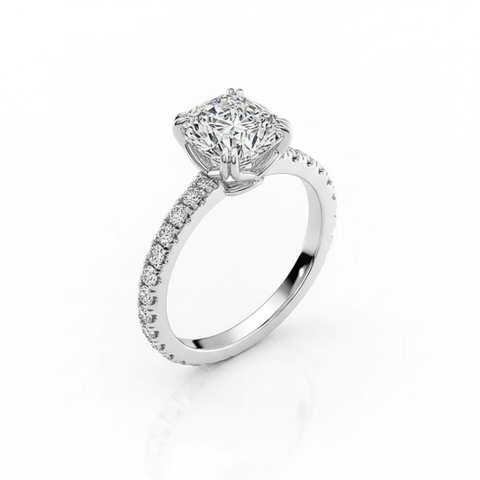 Cushion Cut Moissanite Engagement Ring with Block Halo Design