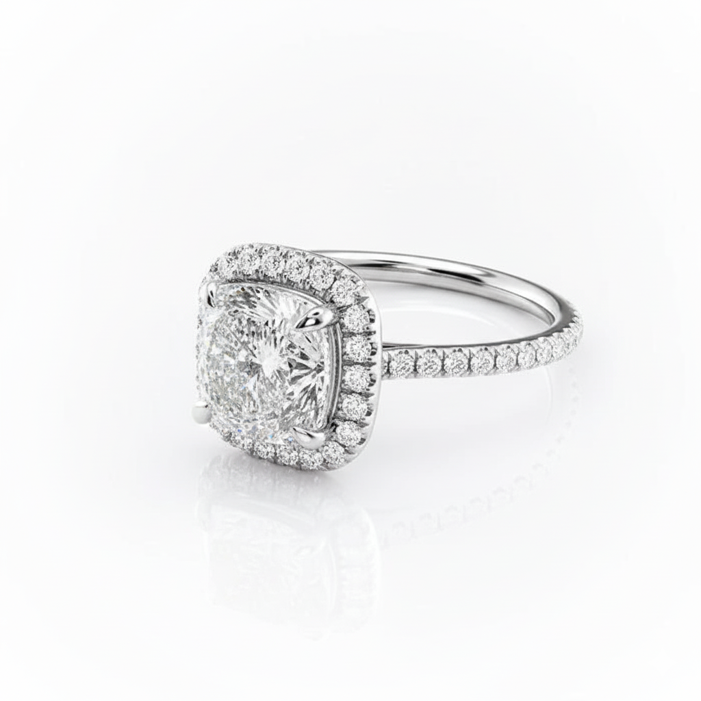 Cushion Cut Moissanite Engagement Ring with Classic Halo