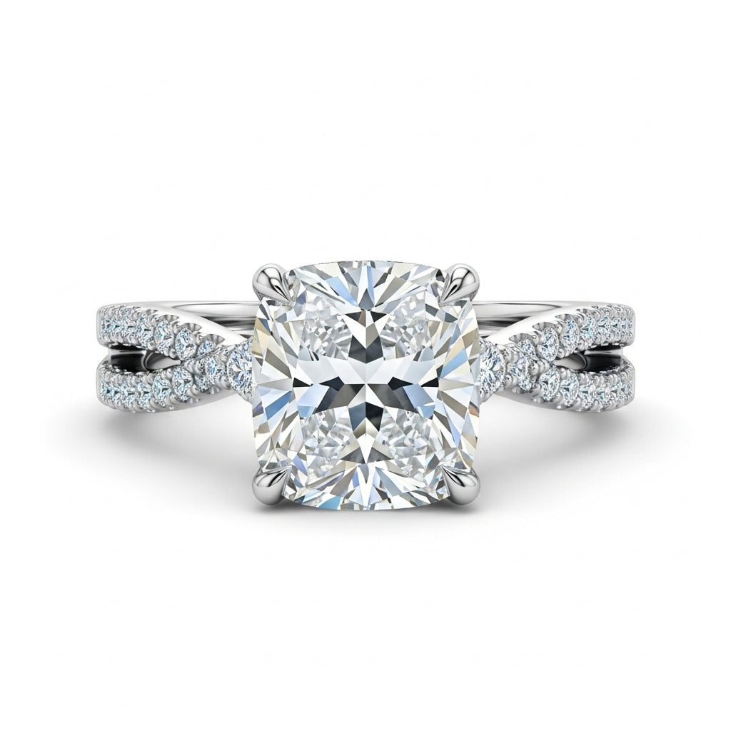 Cushion Cut Moissanite Engagement Ring with Criss-Cross Band Design