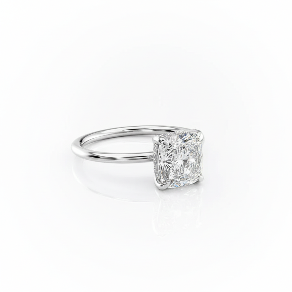 Cushion Cut Moissanite Engagement Ring with Elongated Hidden Halo Design
