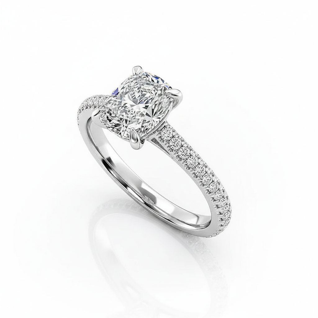 Cushion Cut Moissanite Engagement Ring with Elongated Pave Set Shoulders