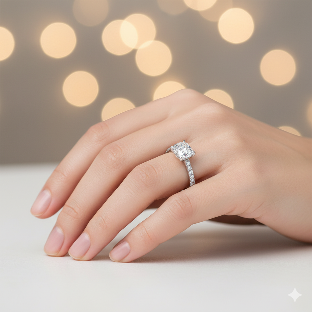 Cushion Cut Moissanite Engagement Ring with Elongated Pave Set Shoulders