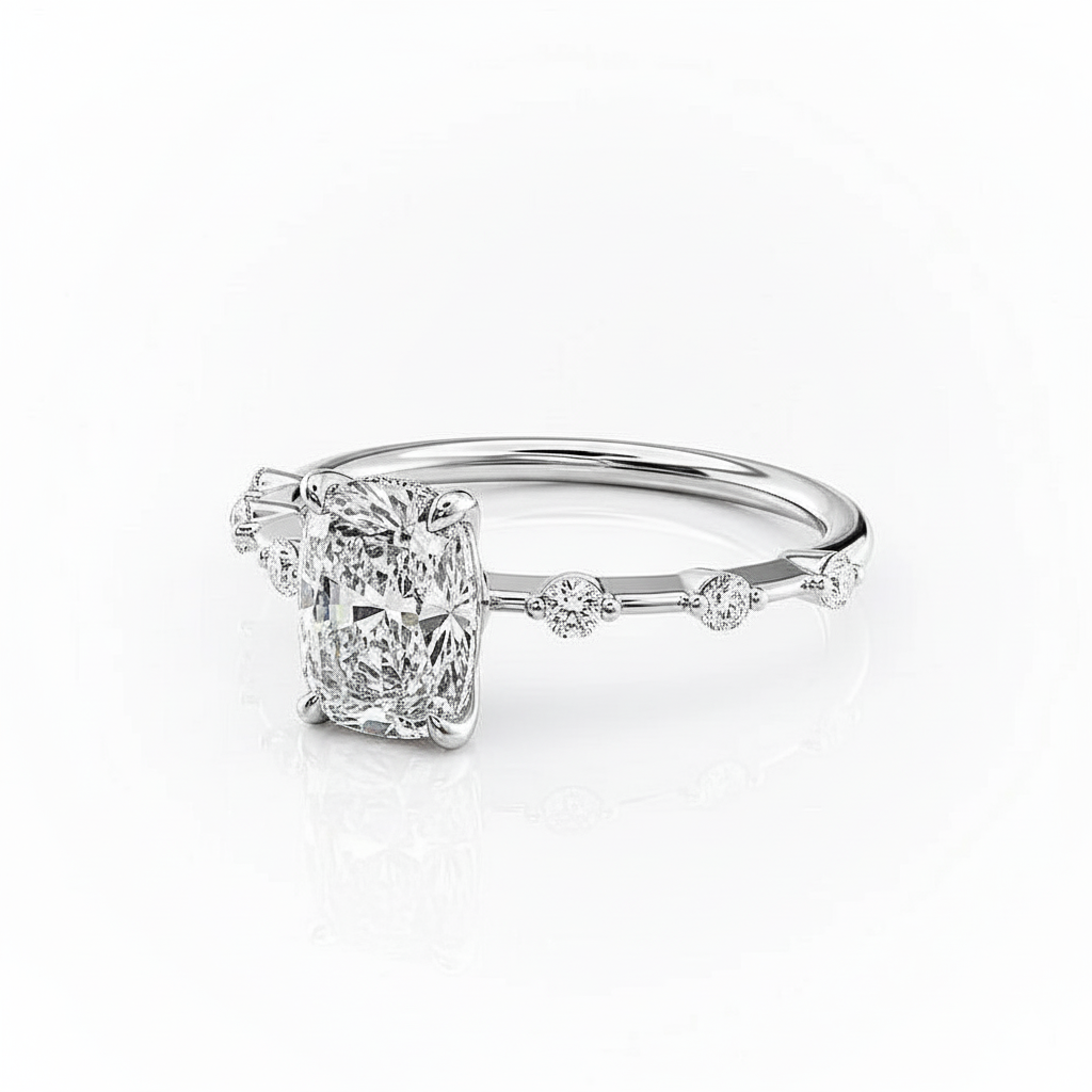 Cushion Cut Moissanite Engagement Ring with Elongated Stone Set Shoulders