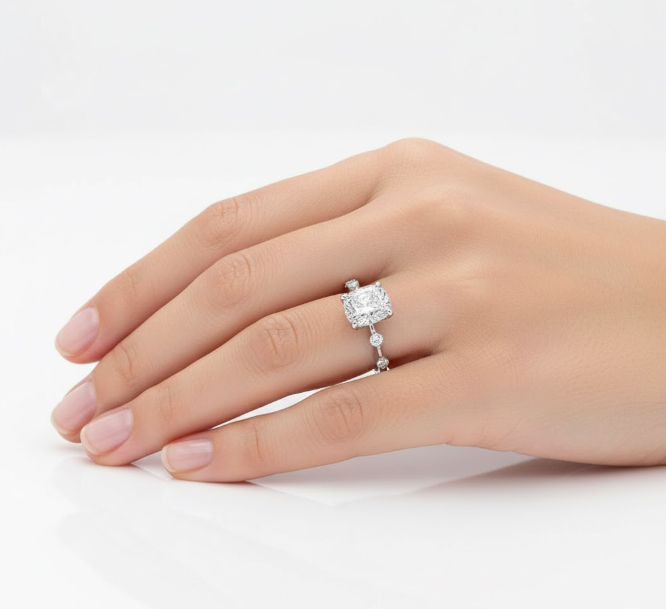Cushion Cut Moissanite Engagement Ring with Elongated Stone Set Shoulders