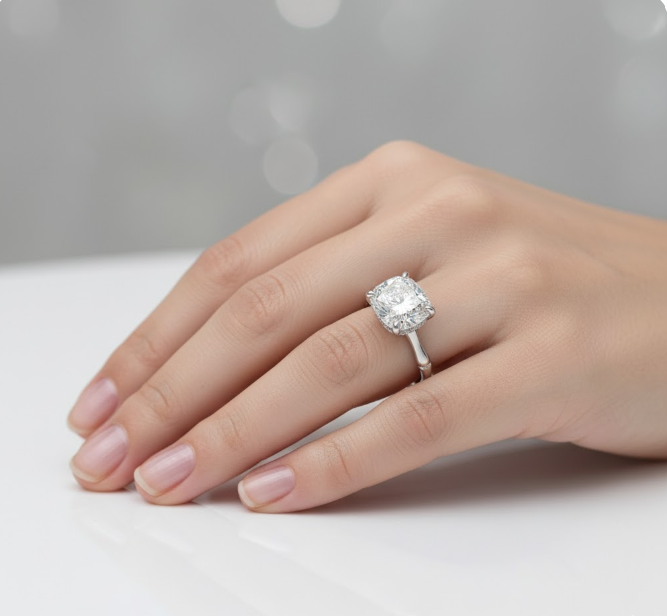 Cushion Cut Moissanite Engagement Ring with Elongated with Hidden Halo