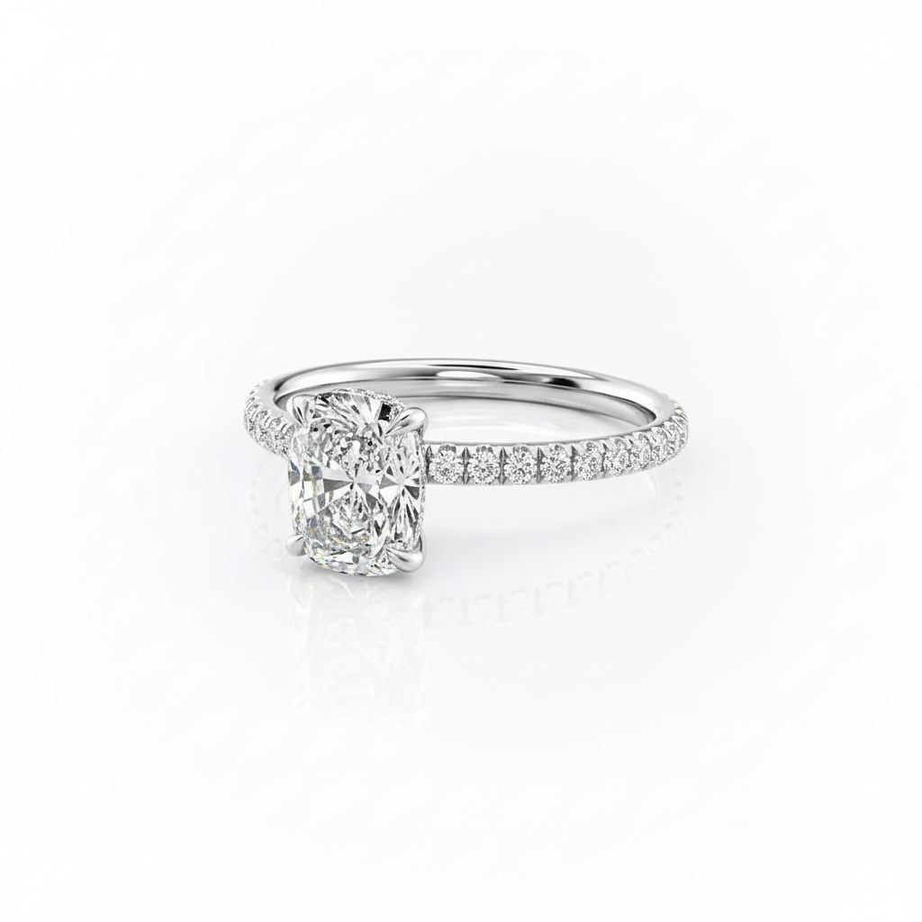 Cushion Cut Moissanite Engagement Ring with Hidden Halo