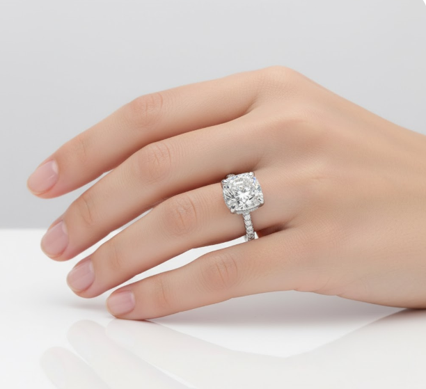 Cushion Cut Moissanite Engagement Ring with Hidden Halo Design