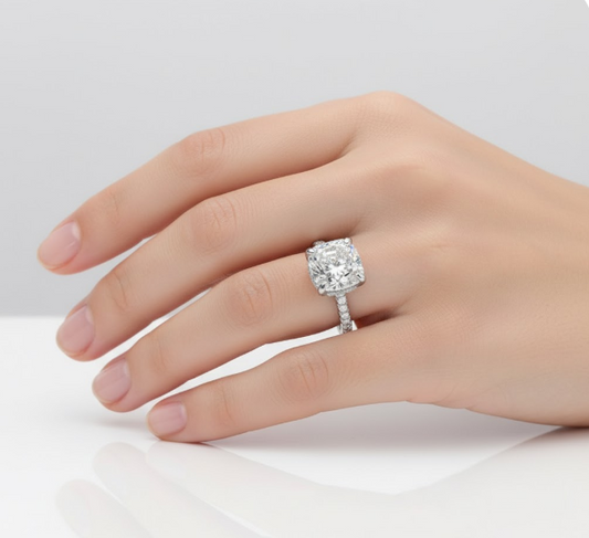 Cushion Cut Moissanite Engagement Ring with Hidden Halo Design