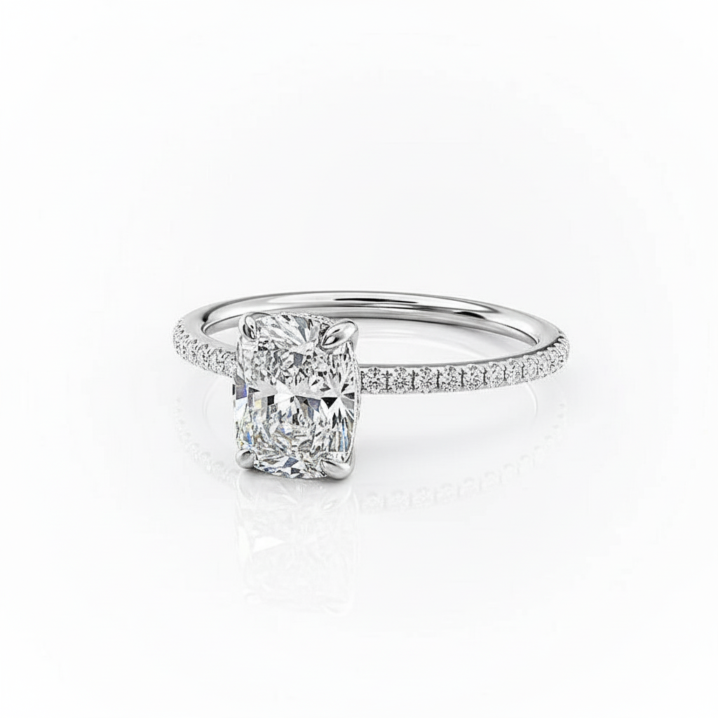 Cushion Cut Moissanite Engagement Ring with Hidden Halo Style