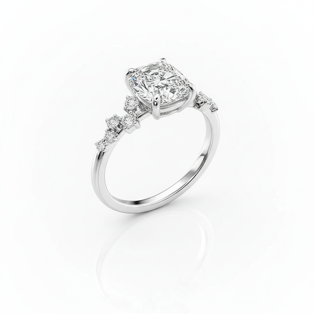 Cushion Cut Moissanite Engagement Ring with Hidden Halo and Side Stones Style