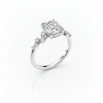 Cushion Cut Moissanite Engagement Ring with Hidden Halo and Side Stones Style
