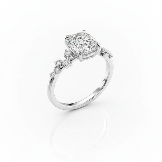 Cushion Cut Moissanite Engagement Ring with Hidden Halo and Side Stones Style