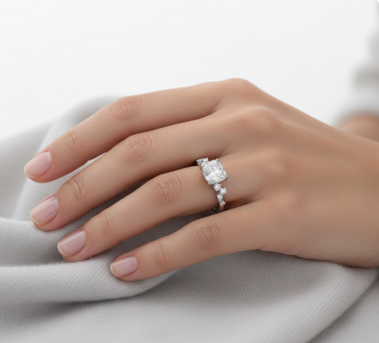 Cushion Cut Moissanite Engagement Ring with Hidden Halo and Side Stones Style