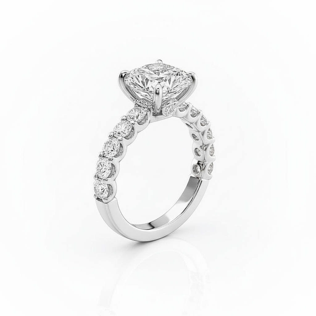 Cushion Cut Moissanite Engagement Ring with Hidden Halo and Stone Set Band