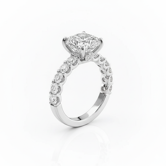Cushion Cut Moissanite Engagement Ring with Hidden Halo and Stone Set Band