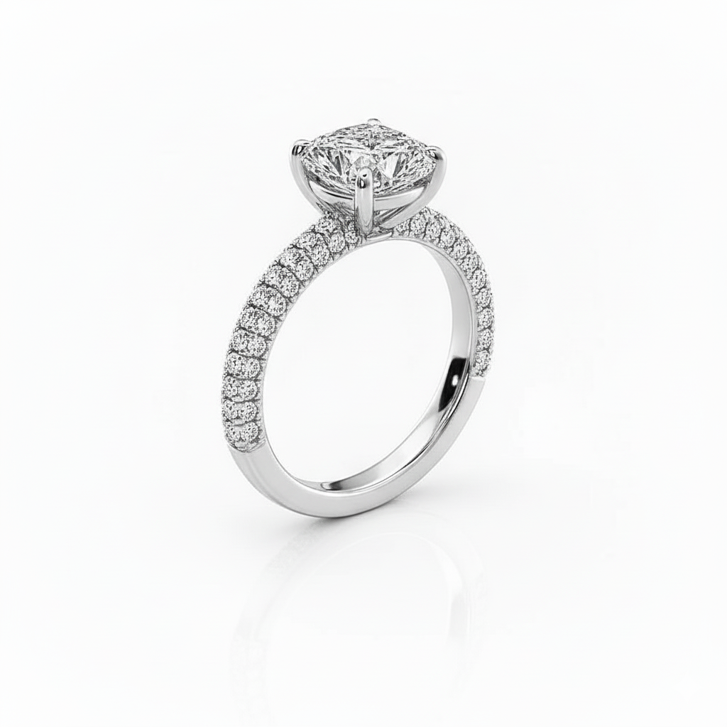 Cushion Cut Moissanite Engagement Ring with Pave Shoulders and Hidden Halo