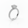 Cushion Cut Moissanite Engagement Ring with Pave Shoulders and Hidden Halo