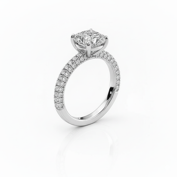Cushion Cut Moissanite Engagement Ring with Pave Shoulders and Hidden Halo