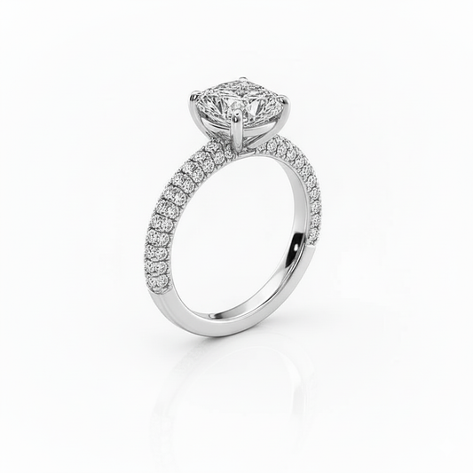 Cushion Cut Moissanite Engagement Ring with Pave Shoulders and Hidden Halo