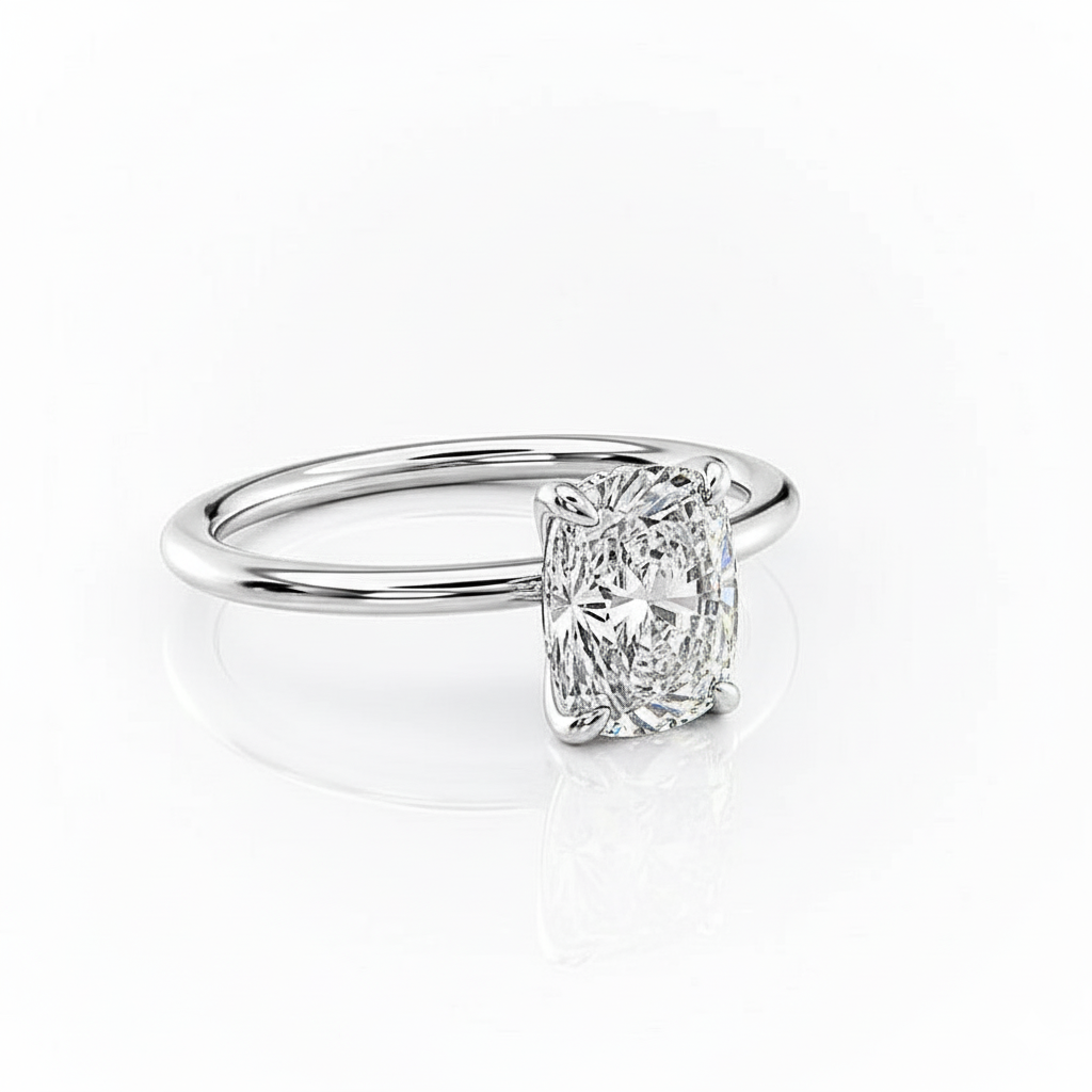 Cushion Cut Moissanite Engagement Ring with Plain Band and Hidden Halo