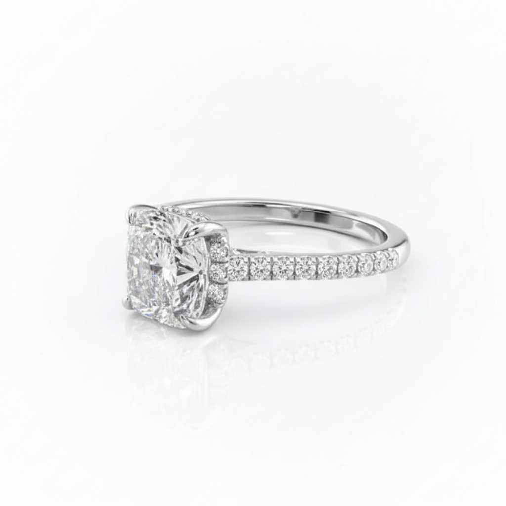 Cushion Cut Moissanite Engagement Ring with Shoulder Set Stones and Hidden Halo