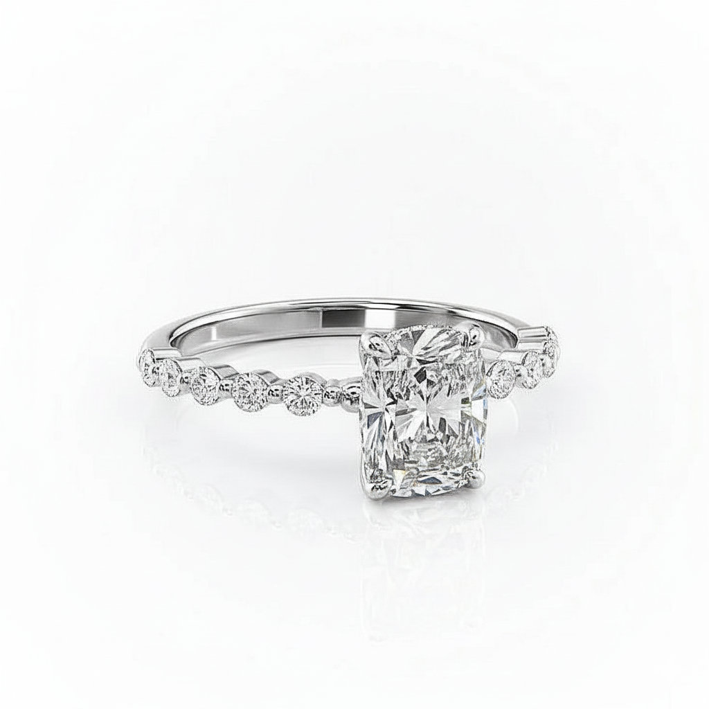 Cushion Cut Moissanite Engagement Ring with Shoulder Stones Set and Hidden Halo