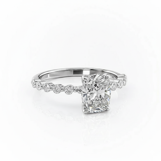 Cushion Cut Moissanite Engagement Ring with Shoulder Stones Set and Hidden Halo