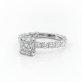 Cushion Cut Moissanite Engagement Ring with Stone Set Shoulders and Hidden Halo