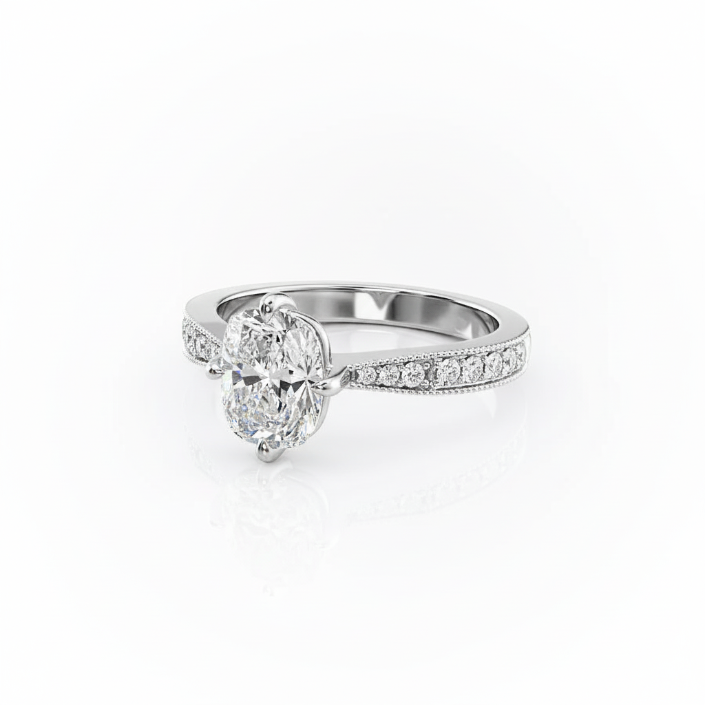 Cushion Cut Moissanite Engagement Ring with Stone Set Shoulders and Milgrain Edge