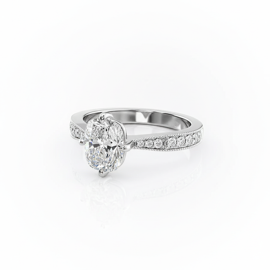 Cushion Cut Moissanite Engagement Ring with Stone Set Shoulders and Milgrain Edge