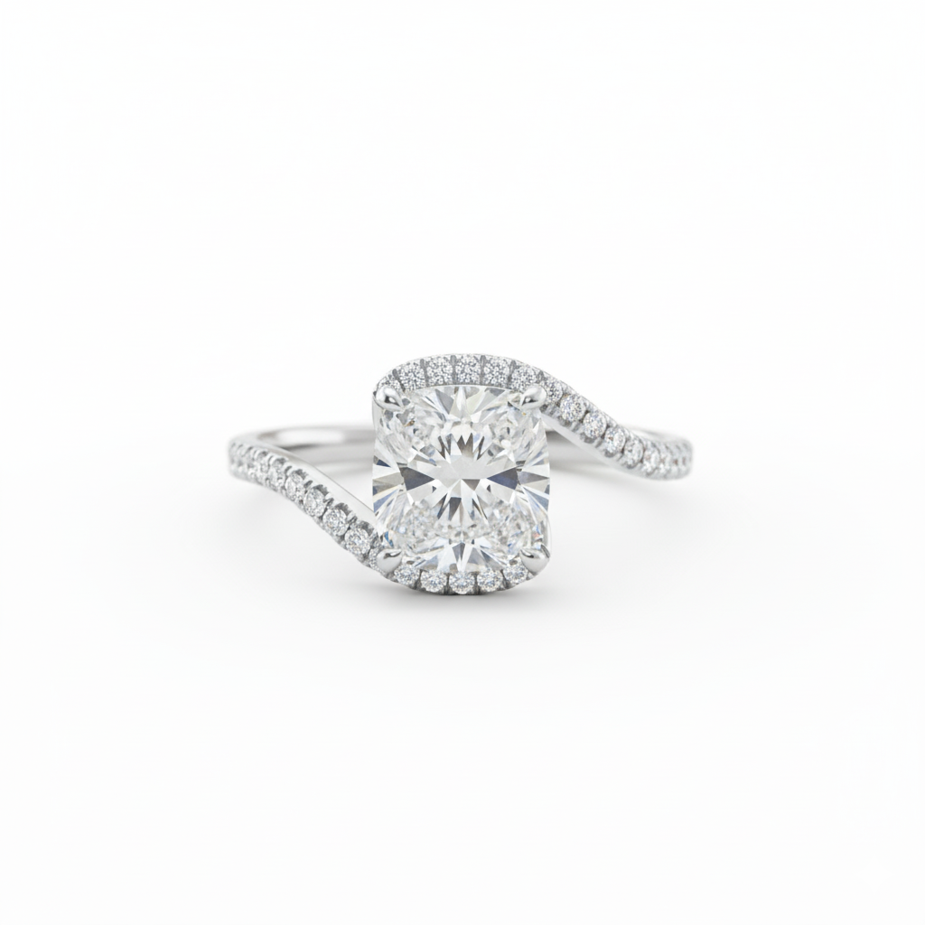 Cushion Cut Moissanite Engagement Ring with Twisted Band Design