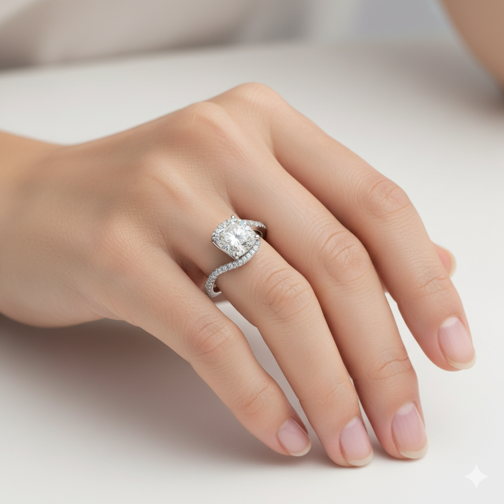 Cushion Cut Moissanite Engagement Ring with Twisted Band Design