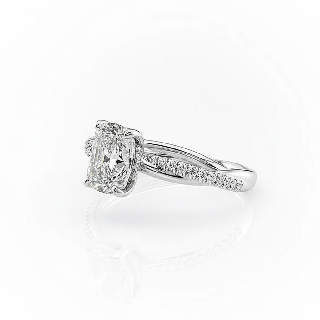 Cushion Cut Moissanite Engagement Ring with Twisted Shoulders and Hidden Halo