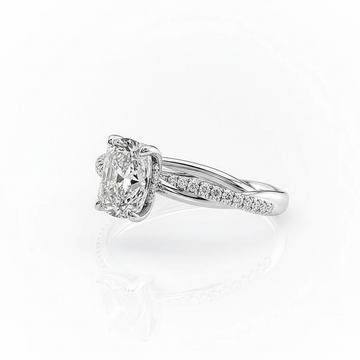 Cushion Cut Moissanite Engagement Ring with Twisted Shoulders and Hidden Halo